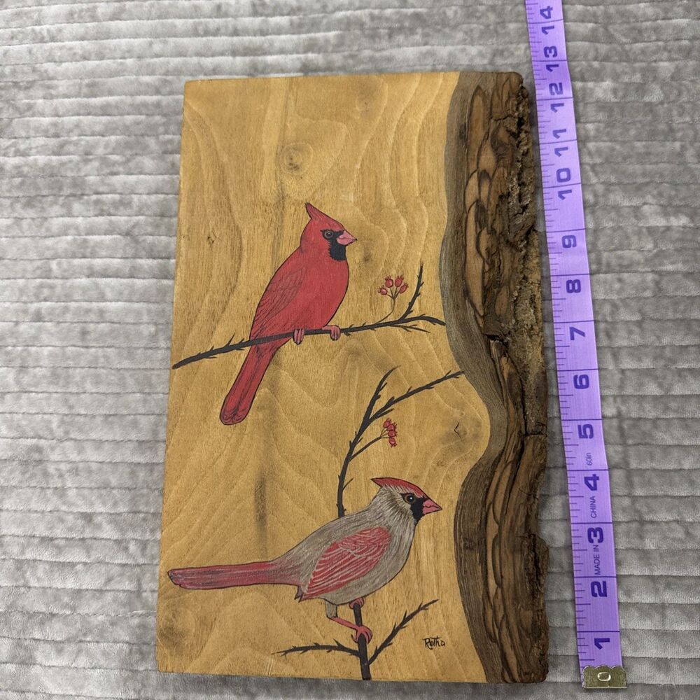 Cardinal Bird Painting On Wood with Raw Edge Hand Painted - Signed 12” Tall